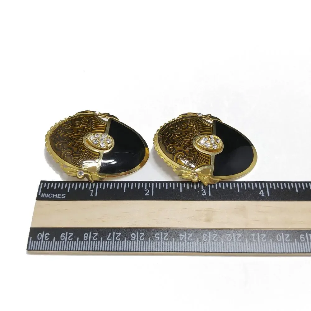 Berebi Large Enamel Rhinestone Post Earrings, Textured Brown & Black, 1980s
